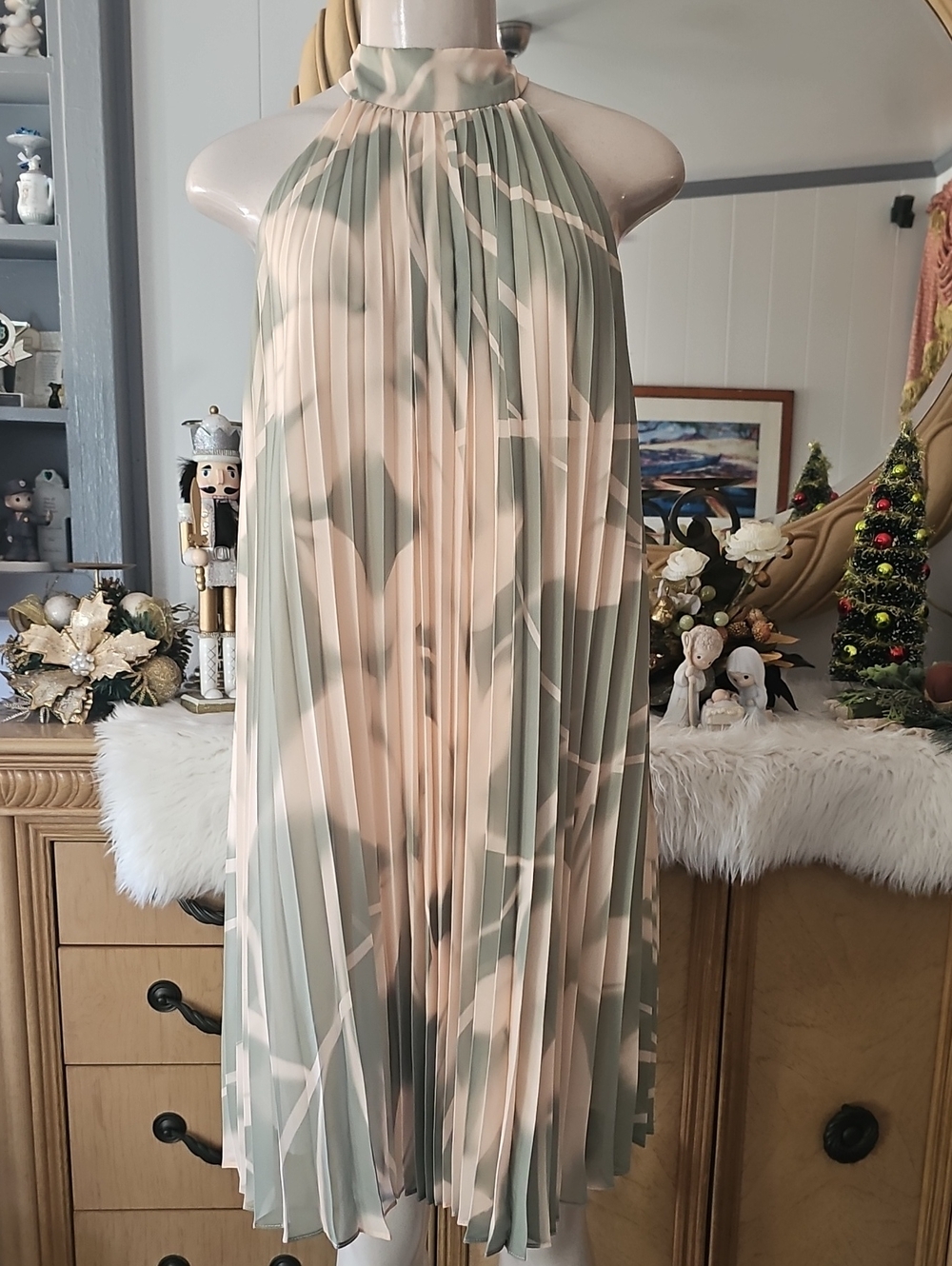 Pleated Halter Midi Dress in Sage and Cream